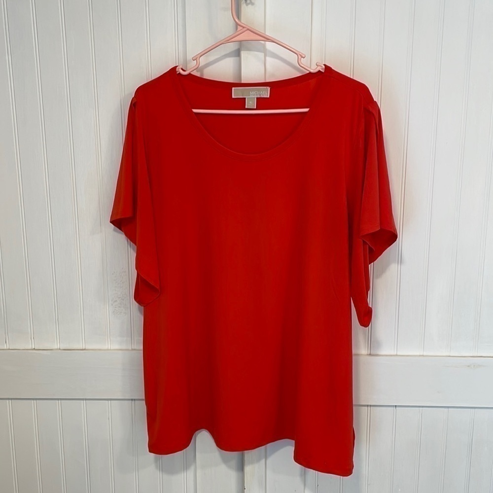 MICHAEL Kors orange silky shirt, scalloped sleeved shirt size XL